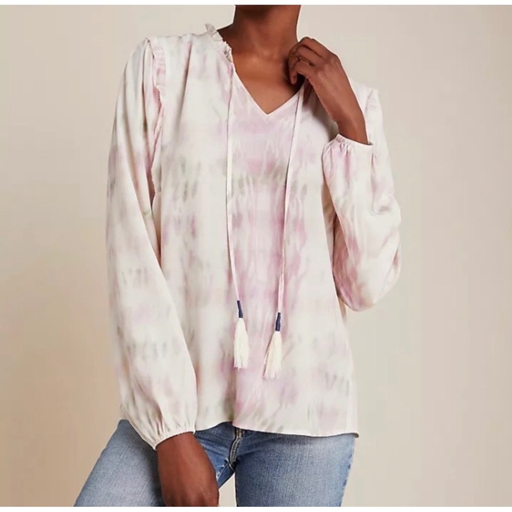 NWT Dolan Anthropologie Tie Dye Ruffle Tassel Blouse Lilac Green Womens‎ Medium